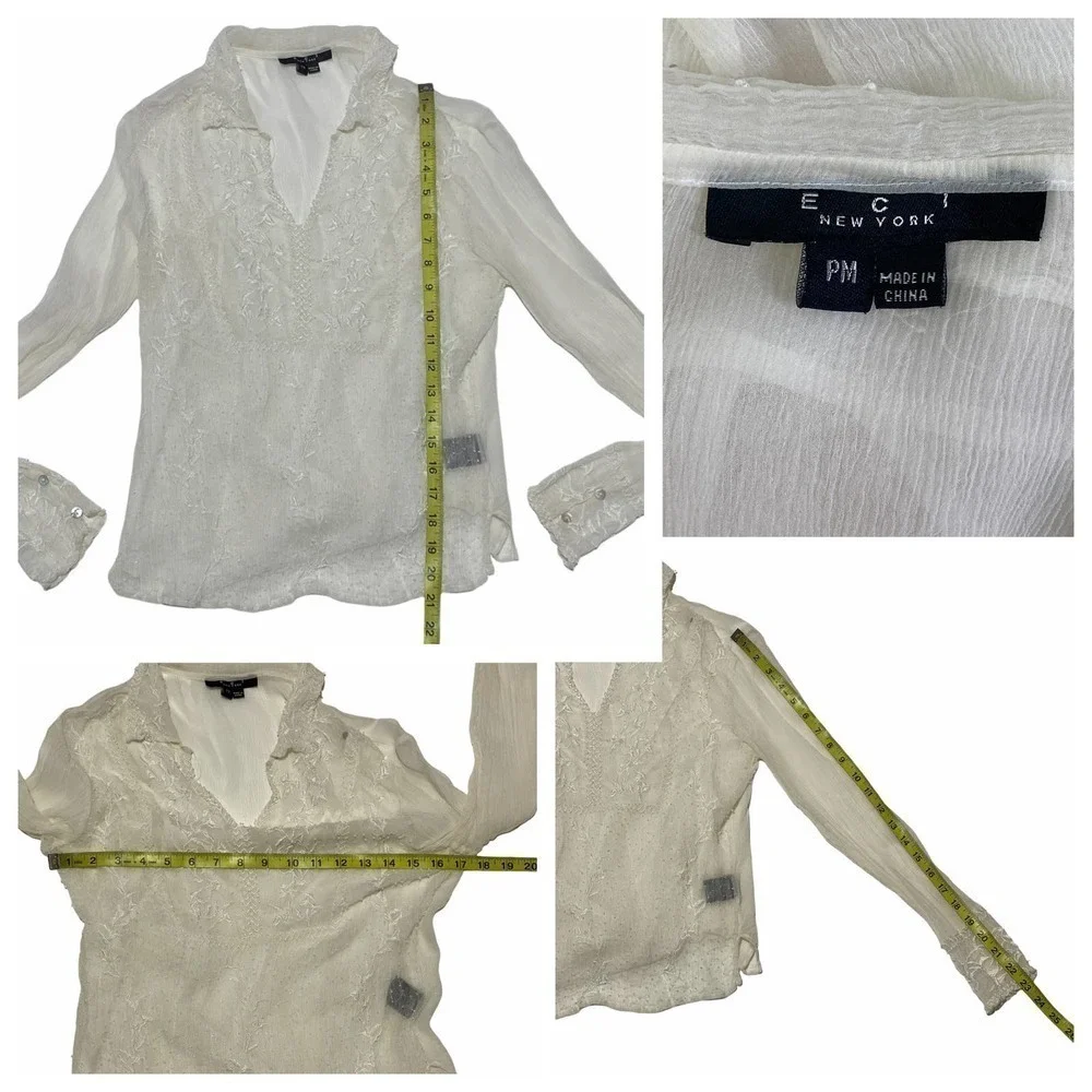 Eci New York Sheer White Floral Lined L/S Blouse - Picture 11 of 12